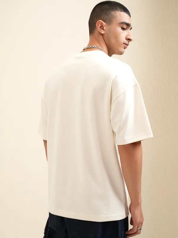 Highlander Men Off White Printed Round Neck Oversized Fit T-Shirt