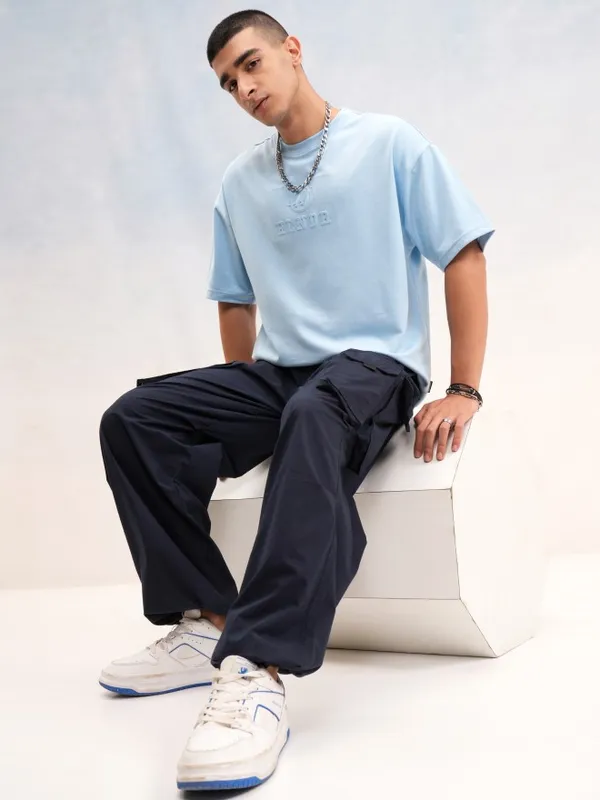 Highlander Men Blue Printed Round Neck Oversized Fit T-Shirt