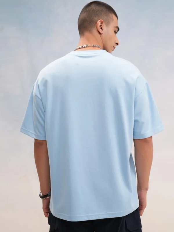 Highlander Men Blue Printed Round Neck Oversized Fit T-Shirt