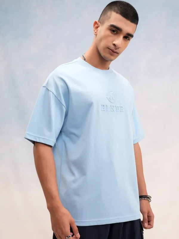 Highlander Men Blue Printed Round Neck Oversized Fit T-Shirt