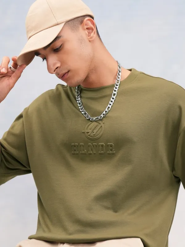 Highlander Men Olive Printed Round Neck Oversized Fit T-Shirt