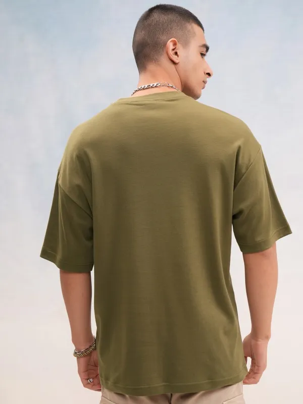 Highlander Men Olive Printed Round Neck Oversized Fit T-Shirt