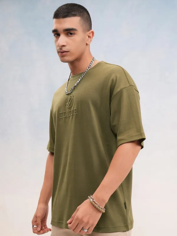 Highlander Men Olive Printed Round Neck Oversized Fit T-Shirt