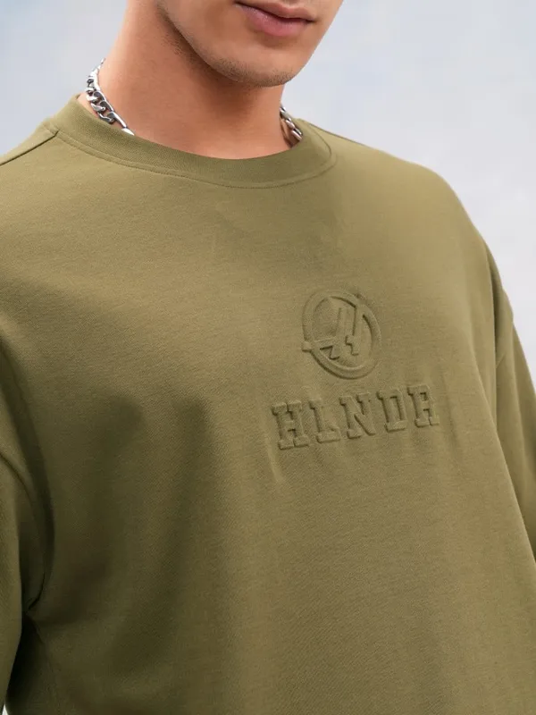 Highlander Men Olive Printed Round Neck Oversized Fit T-Shirt