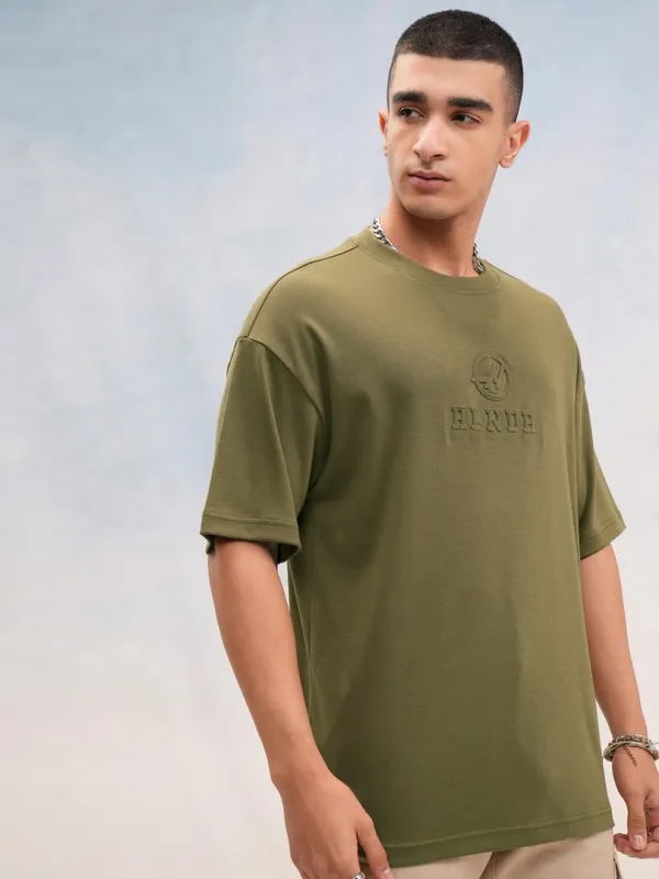 Highlander Men Olive Printed Round Neck Oversized Fit T-Shirt