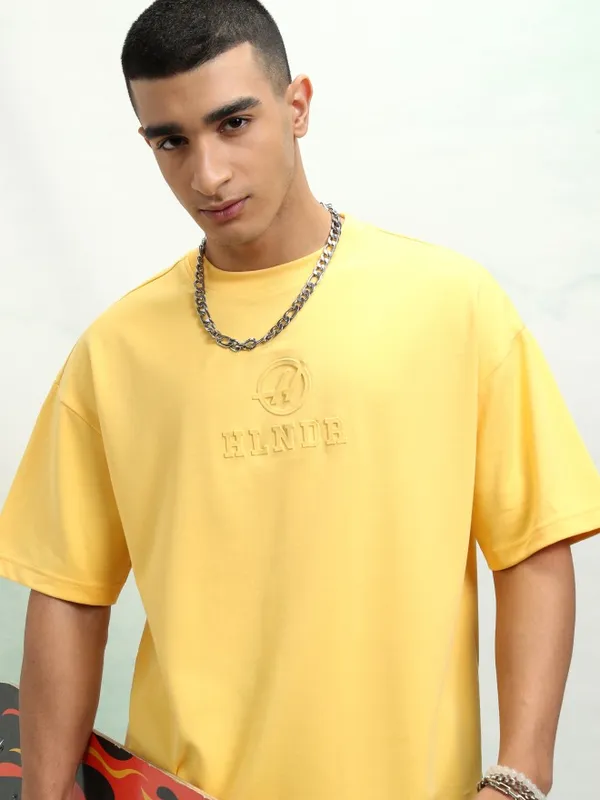 Highlander Men Yellow Printed Round Neck Oversized Fit T-Shirt