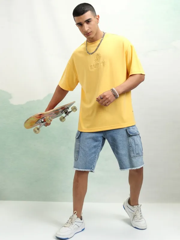 Highlander Men Yellow Printed Round Neck Oversized Fit T-Shirt