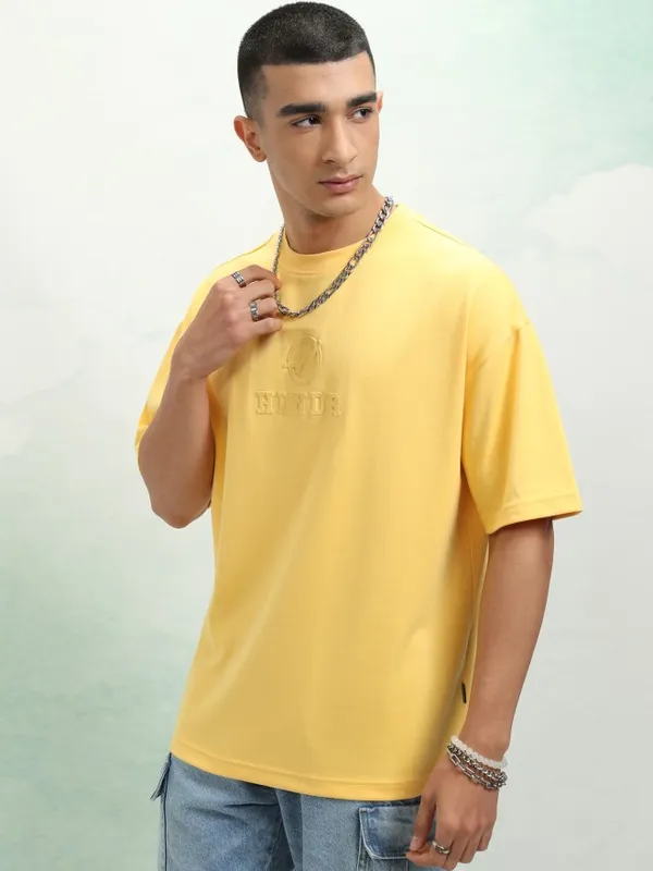 Highlander Men Yellow Printed Round Neck Oversized Fit T-Shirt