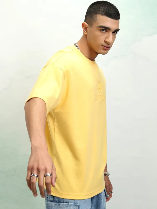 Highlander Men Yellow Printed Round Neck Oversized Fit T-Shirt