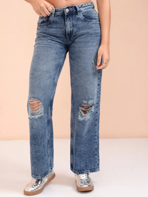 Tokyo Talkies Women Blue Straight Fit Highly Distressed Jeans