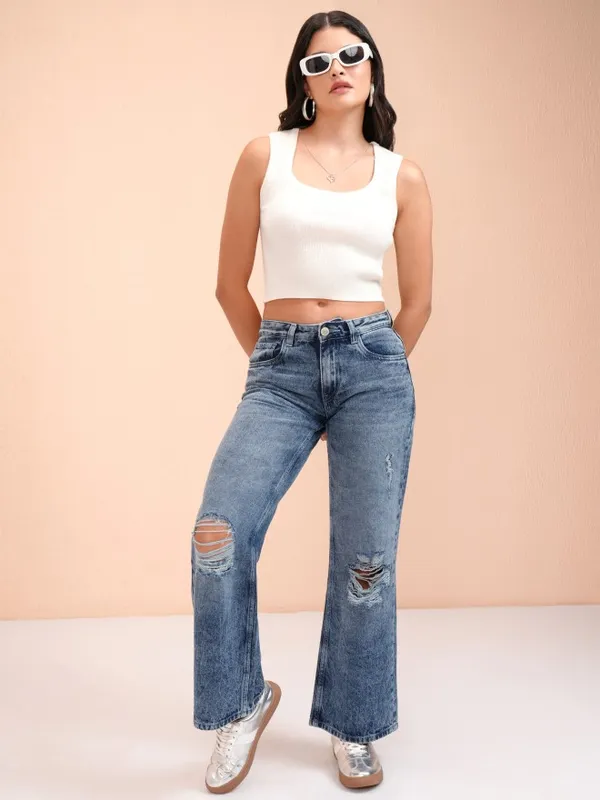 Tokyo Talkies Women Blue Straight Fit Highly Distressed Jeans