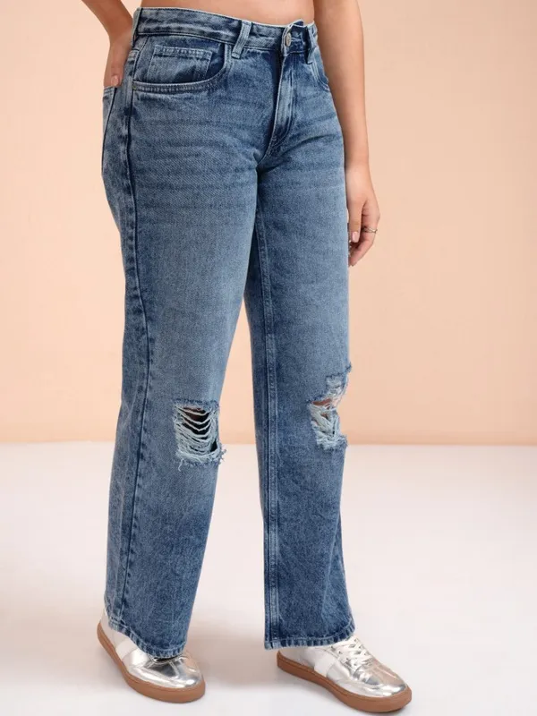 Tokyo Talkies Women Blue Straight Fit Highly Distressed Jeans