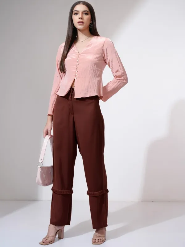 Tokyo Talkies Women Rust Solid Straight Fit Casual Trouser
