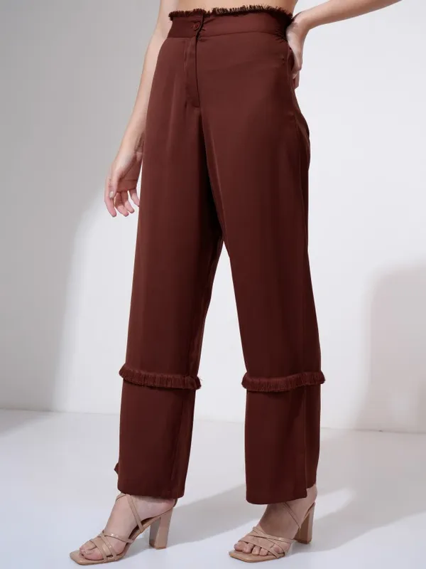 Tokyo Talkies Women Rust Solid Straight Fit Casual Trouser