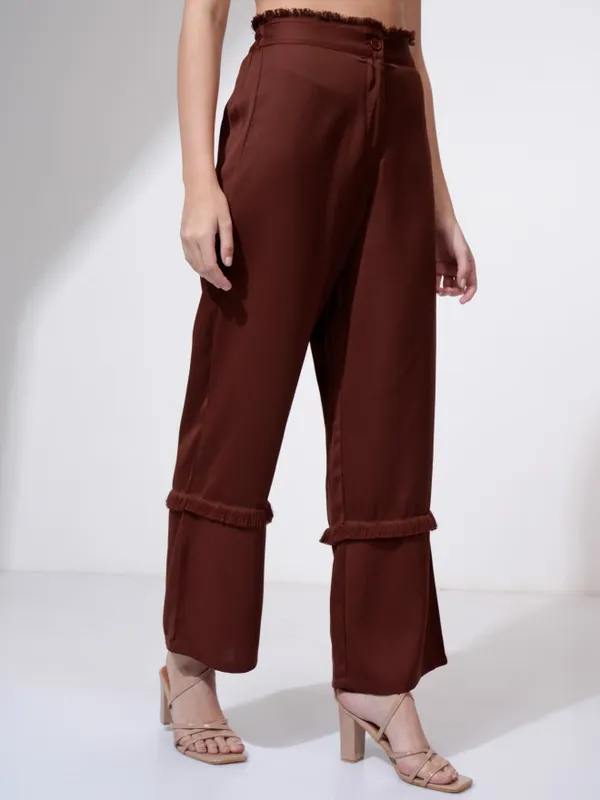Tokyo Talkies Women Rust Solid Straight Fit Casual Trouser