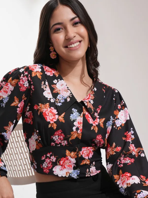 Tokyo Talkies Women Black Printed Blouson Top