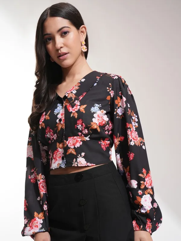 Tokyo Talkies Women Black Printed Blouson Top