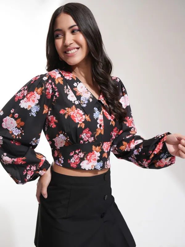Tokyo Talkies Women Black Printed Blouson Top