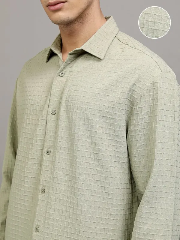 Highlander Men Green Textured Relaxed Fit Casual Shirt