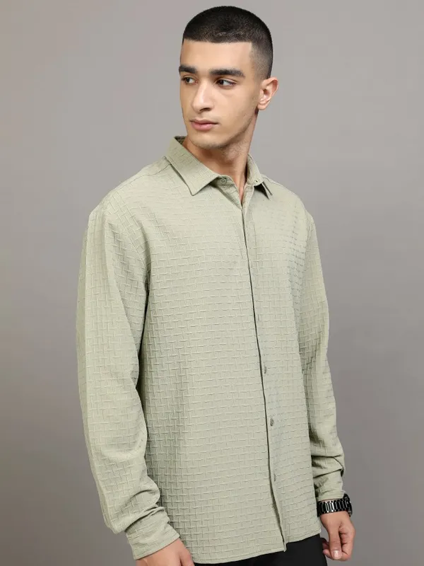 Highlander Men Green Textured Relaxed Fit Casual Shirt