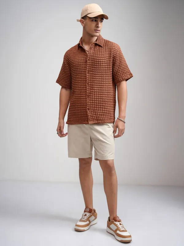 Highlander Men Rust Textured Relaxed Fit Casual Shirt