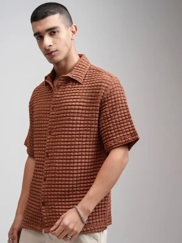 Highlander Men Rust Textured Relaxed Fit Casual Shirt