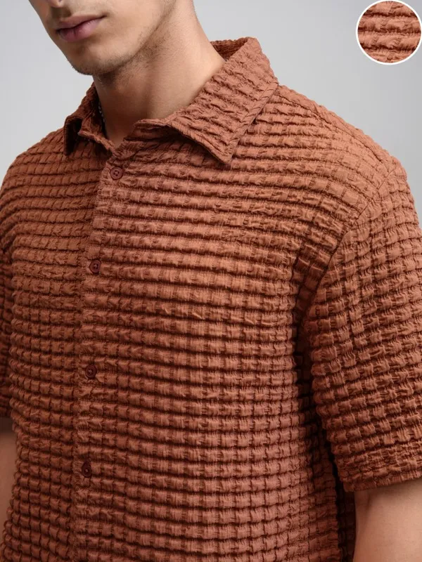 Highlander Men Rust Textured Relaxed Fit Casual Shirt