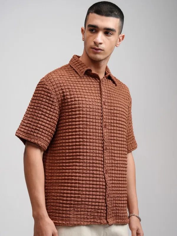 Highlander Men Rust Textured Relaxed Fit Casual Shirt