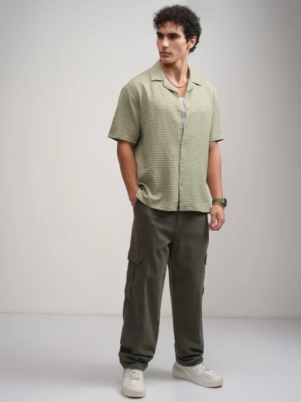 Highlander Men Green Textured Relaxed Fit Casual Shirt