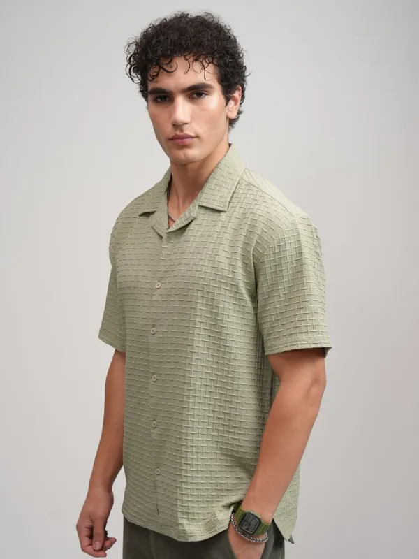 Highlander Men Green Textured Relaxed Fit Casual Shirt