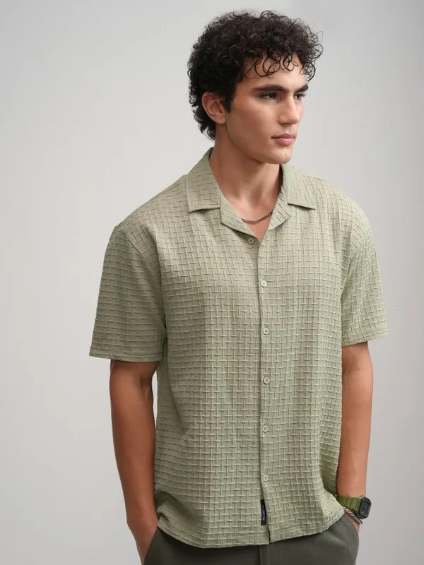 Highlander Men Green Textured Relaxed Fit Casual Shirt