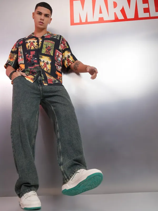 Marvel By Highlander Men Black Deadpool Printed Relaxed Fit Casual Shirt