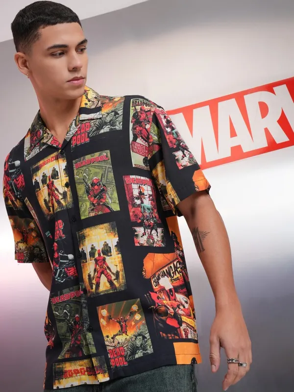 Marvel By Highlander Men Black Deadpool Printed Relaxed Fit Casual Shirt