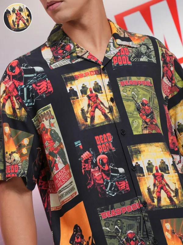 Marvel By Highlander Men Black Deadpool Printed Relaxed Fit Casual Shirt