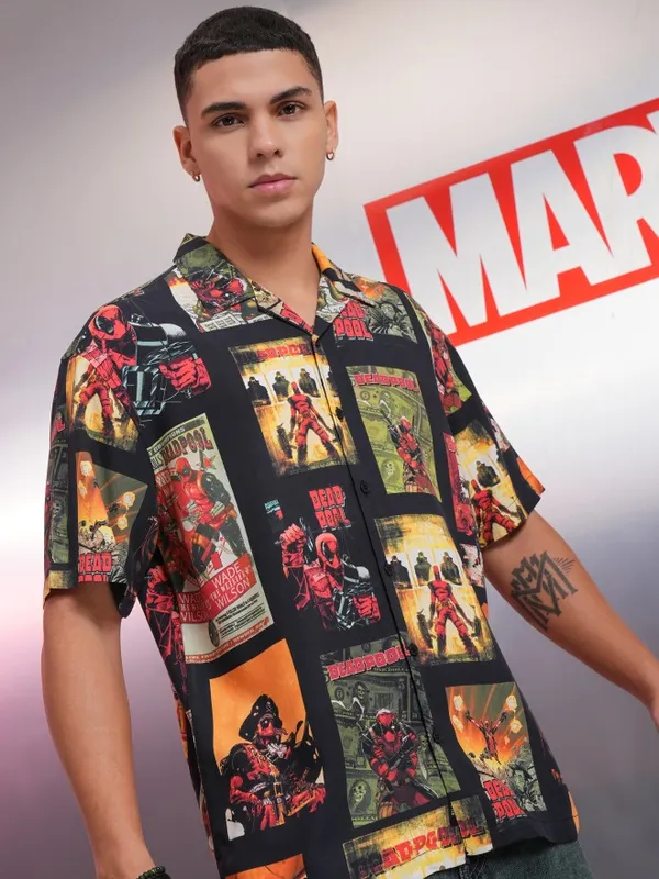 Marvel By Highlander Men Black Deadpool Printed Relaxed Fit Casual Shirt