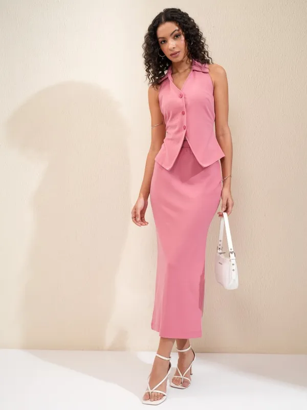 Tokyo Talkies Women Pink Top With Skirt Co-Ords