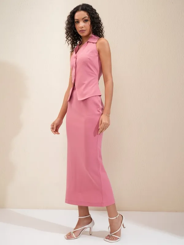 Tokyo Talkies Women Pink Top With Skirt Co-Ords