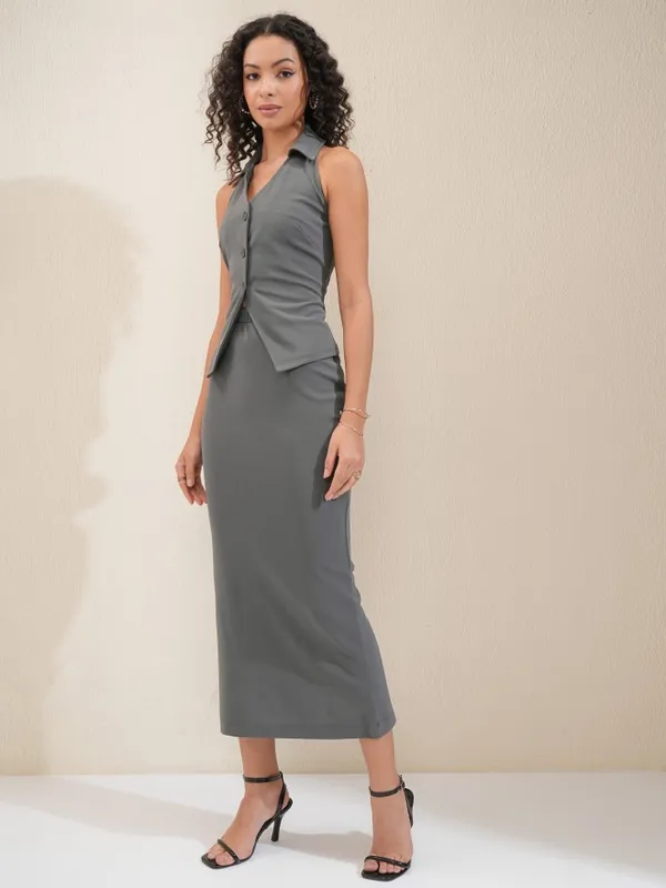 Tokyo Talkies Women Grey Top With Skirt Co-Ords