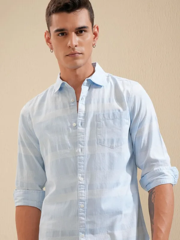 Highlander Men Blue Striped Regular Fit Casual Shirt