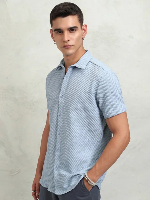 Highlander Men Blue Textured Regular Fit Casual Shirt