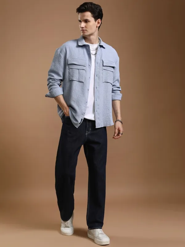 Highlander Men Blue Solid Oversized Fit Casual Shirt