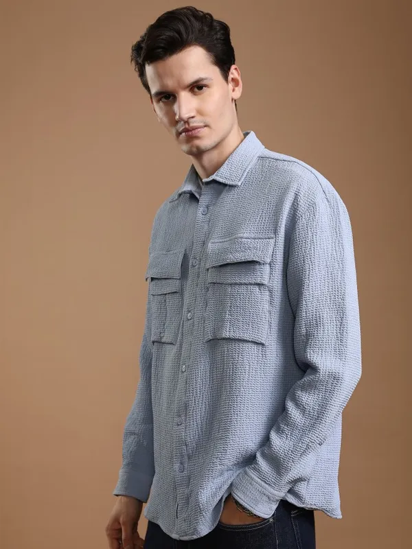 Highlander Men Blue Solid Oversized Fit Casual Shirt