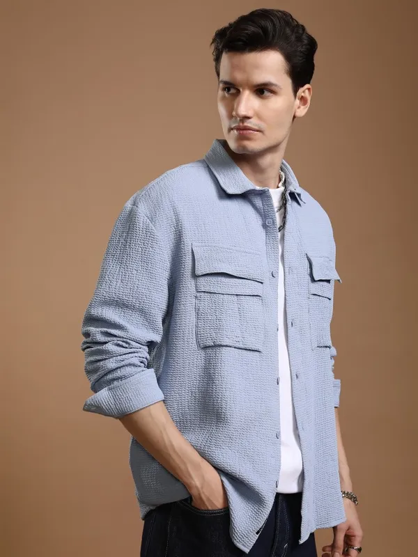 Highlander Men Blue Solid Oversized Fit Casual Shirt