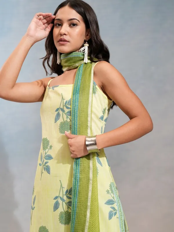 Vishudh Women Lime Green Printed Kurta Set Shoulder Strap Kurta Trouser Dupatta