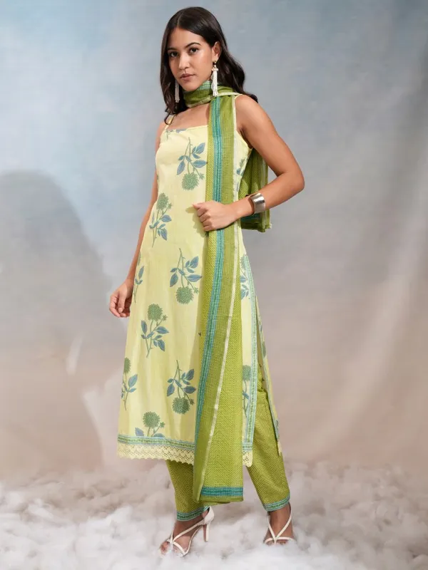 Vishudh Women Lime Green Printed Kurta Set Shoulder Strap Kurta Trouser Dupatta