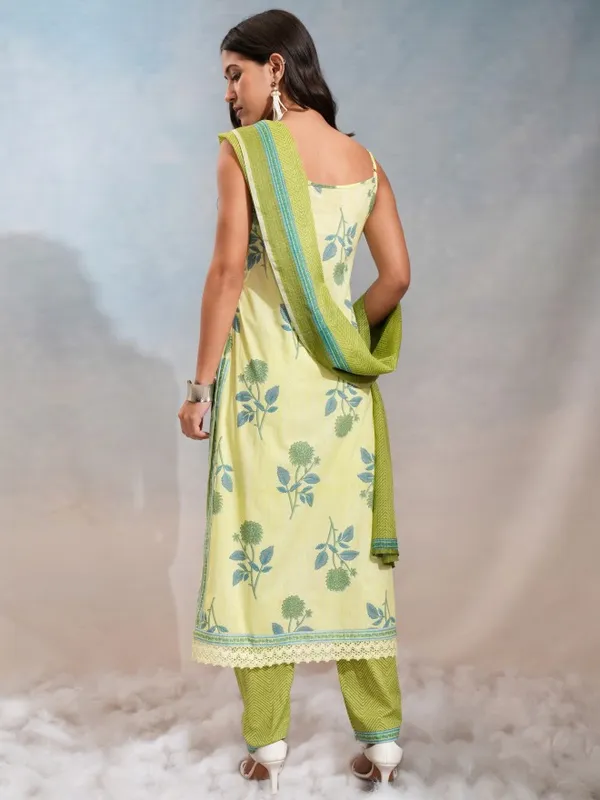 Vishudh Women Lime Green Printed Kurta Set Shoulder Strap Kurta Trouser Dupatta