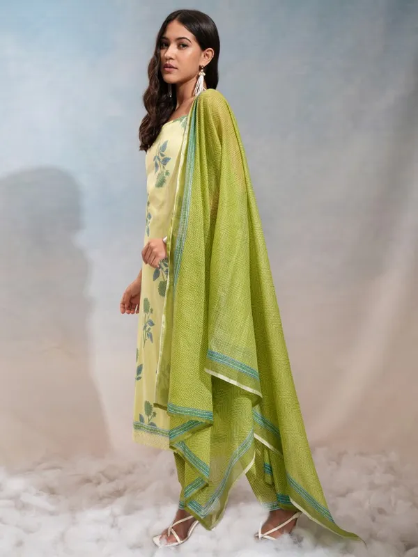 Vishudh Women Lime Green Printed Kurta Set Shoulder Strap Kurta Trouser Dupatta