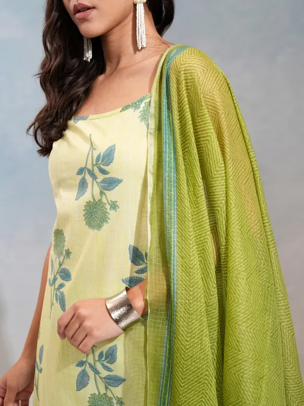 Vishudh Women Lime Green Printed Kurta Set Shoulder Strap Kurta Trouser Dupatta
