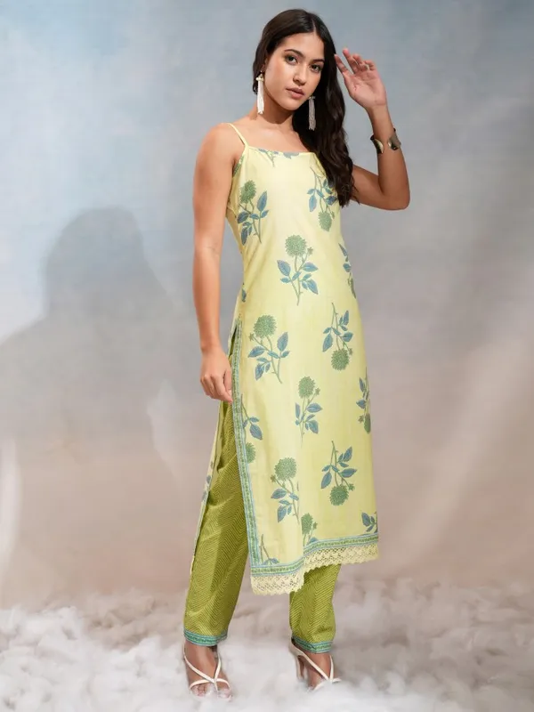 Vishudh Women Lime Green Printed Kurta Set Shoulder Strap Kurta Trouser Dupatta