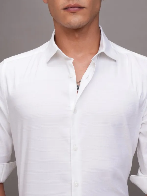 Highlander Men White Striped Slim Fit Casual Shirt
